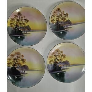 Set Of Four Similar Hand-painted Kokura Japan Decorative Swan & Lake Plates
